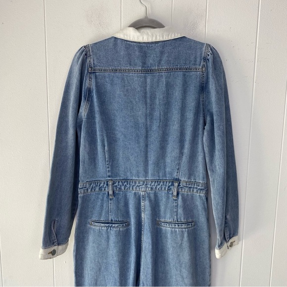 Polagram Denim Jumsuit Light Wash V-neck Collared Corduroy Sz L Straight Leg - Picture 9 of 16